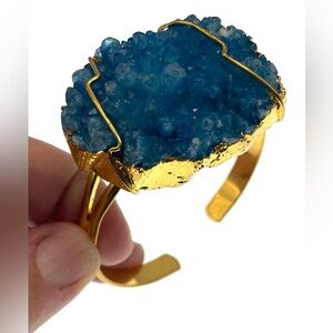 Artisan Gold Tone Large Blue Azurite Geode Druzy Stone Cuff Bracelet